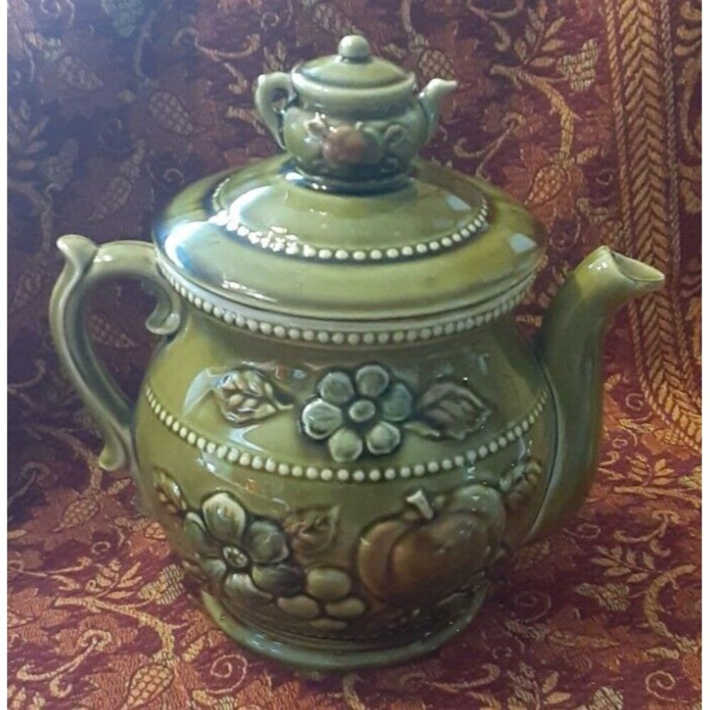 Vintage Cookie Jar Ceramic Teapot Shape Fruit & Floral Decor Japan Mint Cond
